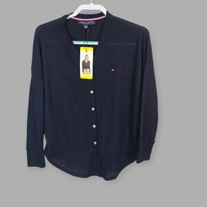Tommy Hilfiger Navy Waffle Knit Cardigan Longsleeve V Neck Top Womens S NEW